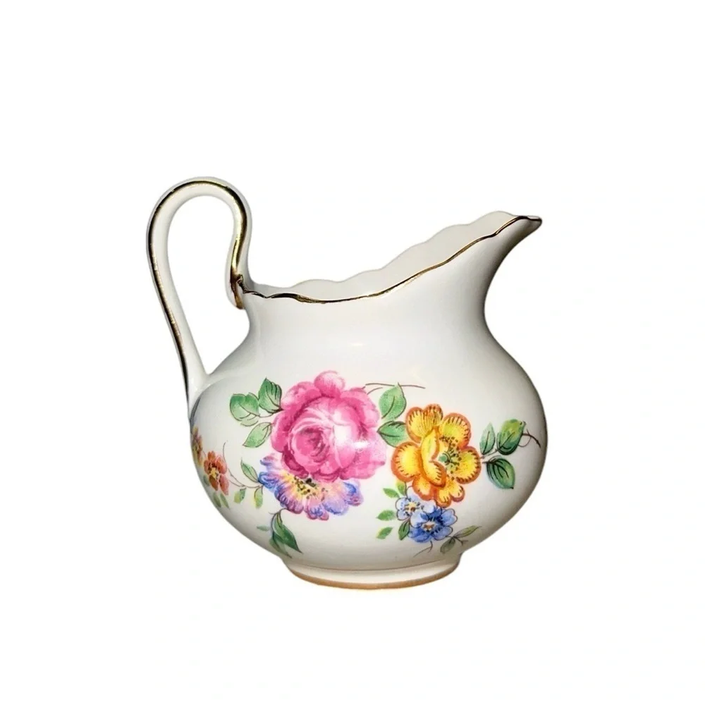 Royal Chelsea Vintage Porcelain Red Yellow Floral Gold Gilt Creamer